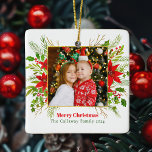 Ornamento De Cerâmica Foto Festiva Red Poinsettia Natal Crianças<br><div class="desc">Uma bela poinsettia vermelha floral com folha sagrada e praça dourada rodeia sua linda foto de família sobre o Feliz Natal. Crianças brilhantes e alegres fotografam o presente de ornamento de férias com flores bonito e folhas em volta da sua foto quadrada.</div>