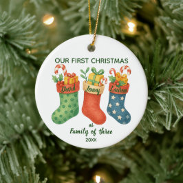 Ornamento De Cerâmica Foto Fofo do Primeiro Natal da Família de Três