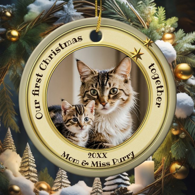Ornamento De Cerâmica Foto: Green Dourado Primeiro Natal Junto Cat (Elegant ornament featuring your custom photo framed by a pastel green gold design with stars)
