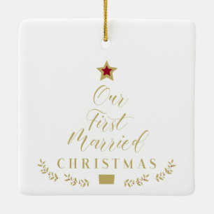Ornamento De Cerâmica Foto Holly Branch Nosso Primeiro Natal Casado