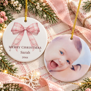 Ornamento De Cerâmica foto laço tartan rosa de Natal