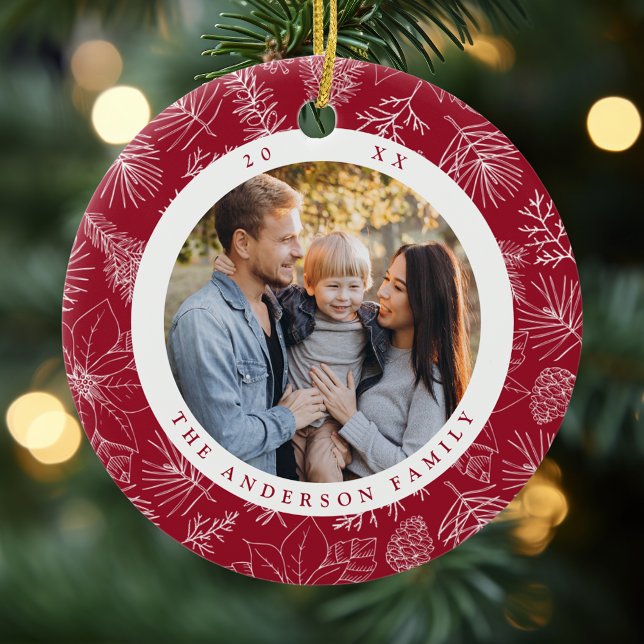 Ornamento De Cerâmica Foto legante de Poinsettias e Pinecones Burgundy (Criador carregado)