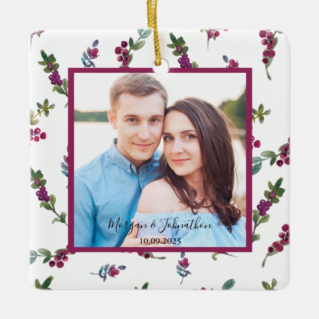 Ornamento De Cerâmica Foto Manuscrita Script Winter Berries (Frente)