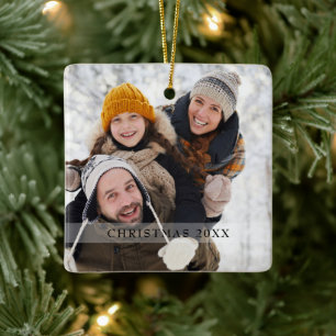 Ornamento De Cerâmica Foto Moderna de Família no Natal com Flocos de Nev
