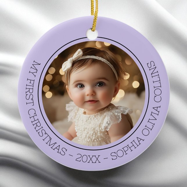 Ornamento De Cerâmica Foto Moderna Roxa do Bebê - Primeiro Natal (Baby's First Christmas Purple Modern Photo Newborn Ceramic Ornament)