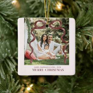 Ornamento De Cerâmica Foto Moderno Natal Feliz com Laço Borgonha
