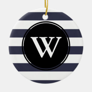 Ornamento De Cerâmica Foto Monogramada com tiras brancas espessas modern