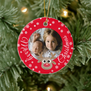 Ornamento De Cerâmica Foto Natal Red Cute Reindeer White Script
