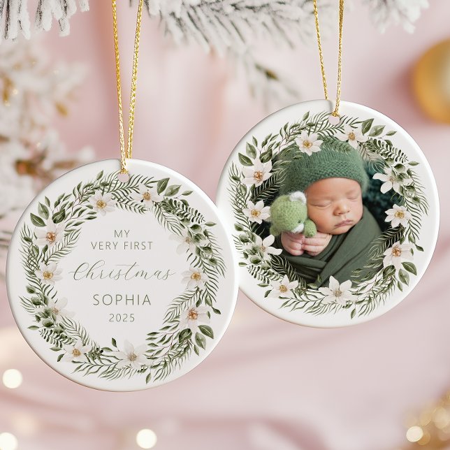 Ornamento De Cerâmica Foto personalizada Baby 1rua Woodland de Natal (Criador carregado)
