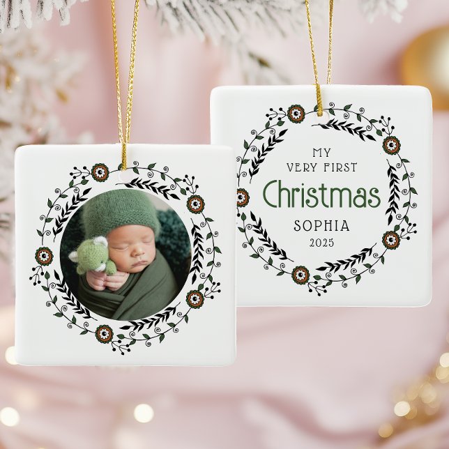 Ornamento De Cerâmica Foto personalizada bebê primeiro Natal nórdico (Criador carregado)