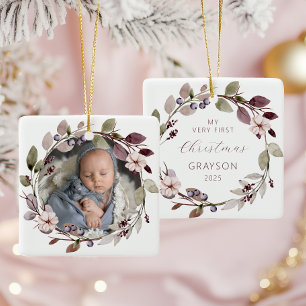 Ornamento De Cerâmica Foto Personalizada Bebê Primeiro Natal Roxo