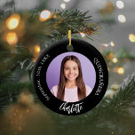 Ornamento De Cerâmica Foto personalizada branca preta Quinceanera<br><div class="desc">Um clássico fundo negro. Personalize e adicione um nome,  data,  idade e foto.</div>