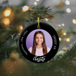 Ornamento De Cerâmica Foto personalizada branca preta Sweet 16<br><div class="desc">Um clássico fundo negro. Personalize e adicione um nome,  data,  idade e foto.</div>