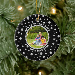 Ornamento De Cerâmica Foto Personalizada com Círculo de Pérolas em Preto