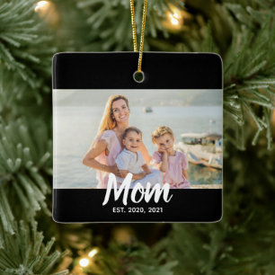 Ornamento De Cerâmica Foto Personalizada com Data e Letra de Mãe Estabel