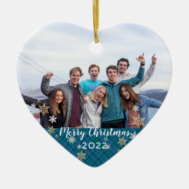 Ornamento De Cerâmica Foto personalizada com dois lados da Xadrez azul d (Frente)