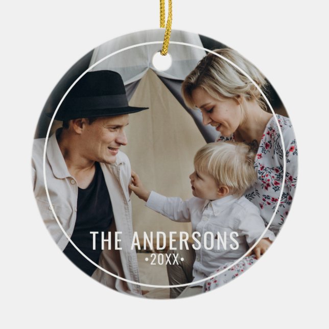 Ornamento De Cerâmica Foto personalizada com nome de família (Frente)
