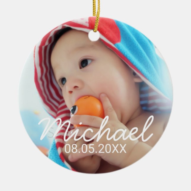 Ornamento De Cerâmica Foto personalizada com nome e data (Frente)