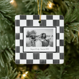 Ornamento De Cerâmica Foto Personalizada com Xadrez Preto