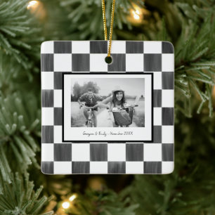 Ornamento De Cerâmica Foto Personalizada com Xadrez Preto