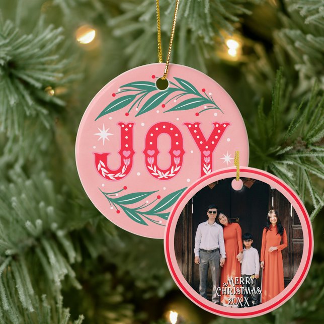 Ornamento De Cerâmica Foto personalizada da alegria de Natal (Christmas Joy customizable ornament)