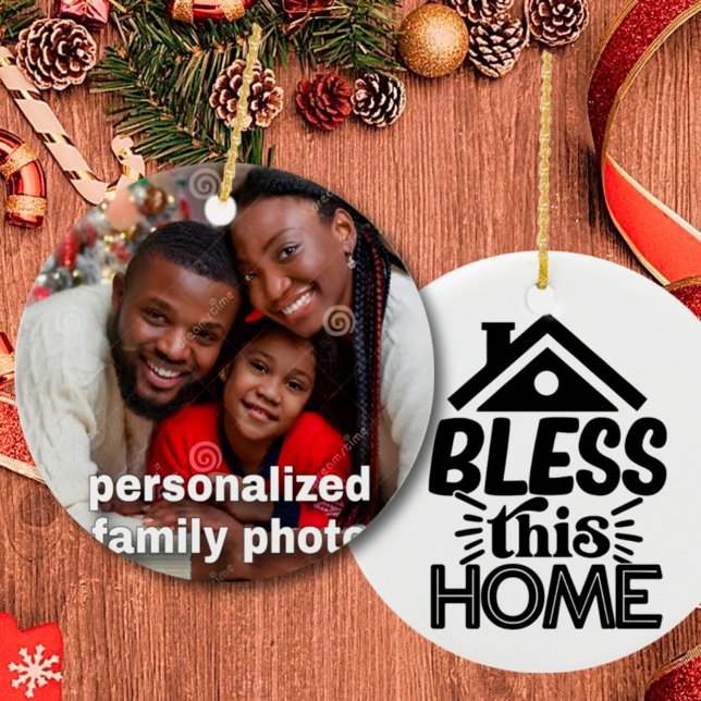 Ornamento De Cerâmica Foto personalizada da família com citação de Natal (Criador carregado)