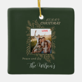 Ornamento De Cerâmica Foto personalizada da família com nome verde