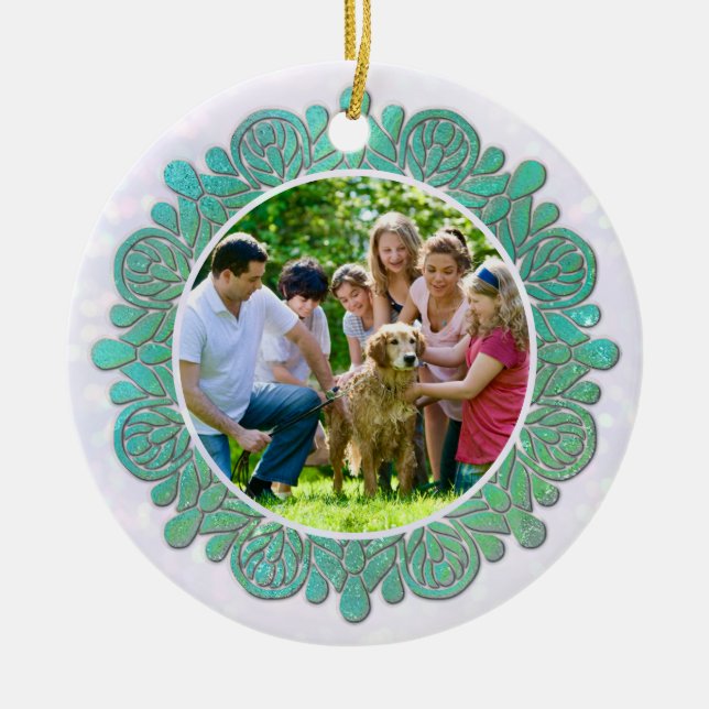 Ornamento De Cerâmica Foto personalizada da família com Turquoise Mandal (Frente)