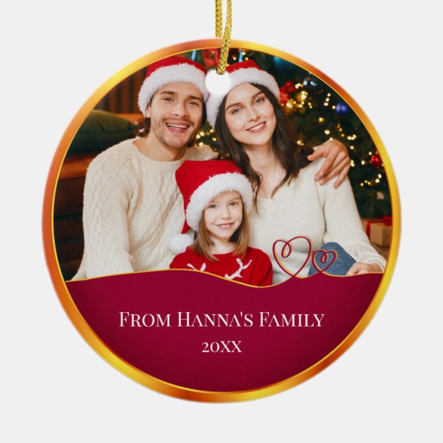 Ornamento De Cerâmica Foto personalizada da família e feliz Natal (Frente)