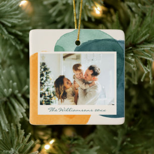 Ornamento De Cerâmica Foto Personalizada da Família em Aquarela Azul Tea