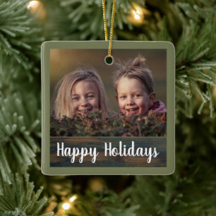 Ornamento De Cerâmica Foto Personalizada da Família Rustic Holiday Scrip