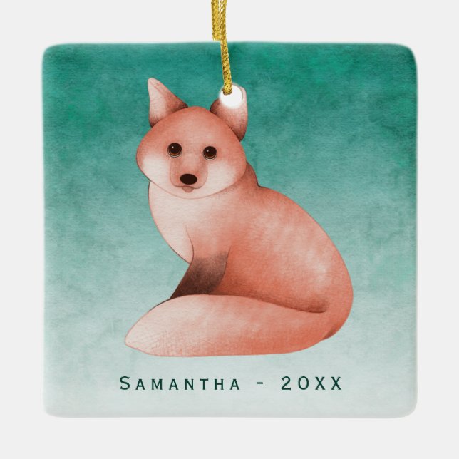 Ornamento De Cerâmica Foto Personalizada da Fox Dourada Verde Fox (Frente)