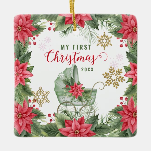Ornamento De Cerâmica Foto personalizada da primeira Poinsettia de Natal (Frente)