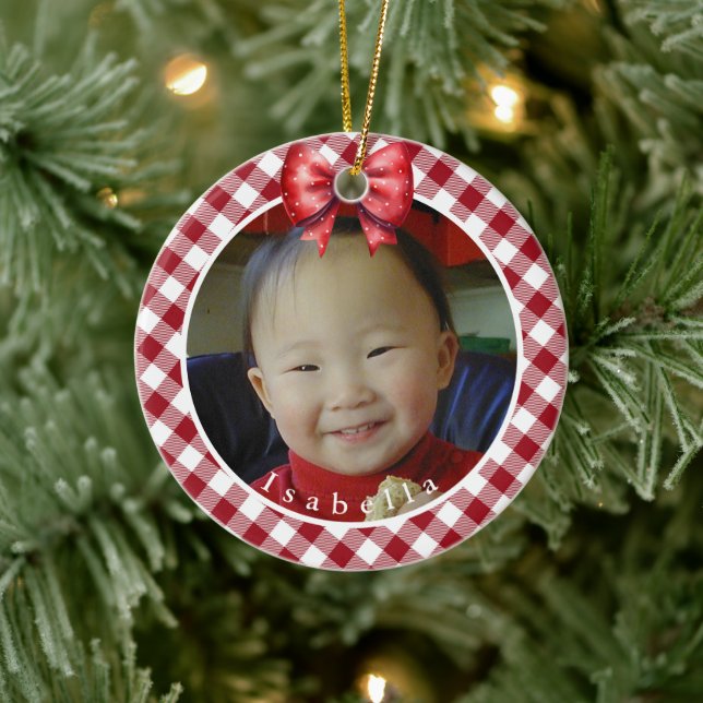 Ornamento De Cerâmica Foto Personalizada da Xadrez Búfalo Vermelha e Bra (Árvore)