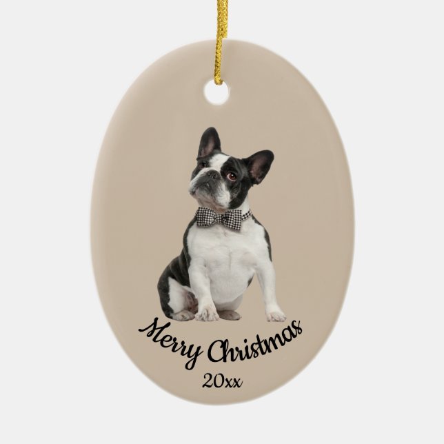 Ornamento De Cerâmica Foto personalizada datada Natal Boston Terrier Dog (Frente)