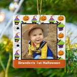Ornamento De Cerâmica Foto personalizada de 1rua de Dia das Bruxas do Be<br><div class="desc">Este adorável ornamento de Halloween é perfeito para novos pais que amam outubro. Este adorável ornamento de bebê de 1rua do Halloween apresenta um sorridente Jack O' Lantern,  uma aranha negra assustadora e dois cupcakes deliciosos diferentes com chapéus de bruxa em cima para um truque ou deleite.</div>