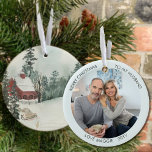 Ornamento De Cerâmica Foto Personalizada De Aquarela Da Cabina Do Woodla<br><div class="desc">Enfeites de natal de fotos que você pode personalizar para seu marido ou qualquer outra pessoa! O design tem uma elegante cena de aquarela de um lado da cabana da floresta na neve. O outro lado tem sua foto e seus nomes ou outro texto personalizado. O modelo de foto exibe...</div>