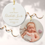 Ornamento De Cerâmica Foto personalizada de batismo Menina Dourada de As<br><div class="desc">Apresentando o nome da assinatura do script do ouro. Personalize com sua foto especial e batismo ou informações batizantes em letras quic gold. Projetado por Thisnotme©</div>