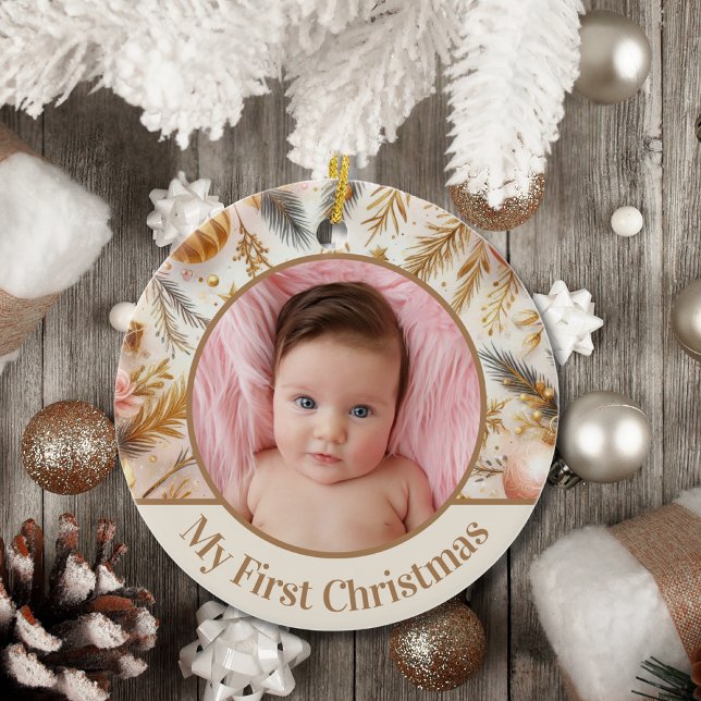 Ornamento De Cerâmica Foto personalizada de bebê do primeiro Natal (Criador carregado)