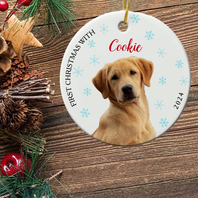 Ornamento De Cerâmica Foto personalizada de cão Primeiro Natal (Criador carregado)
