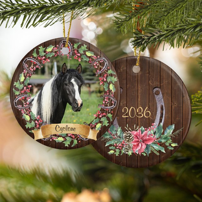 Ornamento De Cerâmica Foto Personalizada de Cavalo Natal Rústico (Criador carregado)