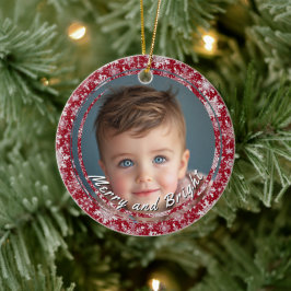 Ornamento De Cerâmica Foto Personalizada de feliz e Flocos de Neve Brilh