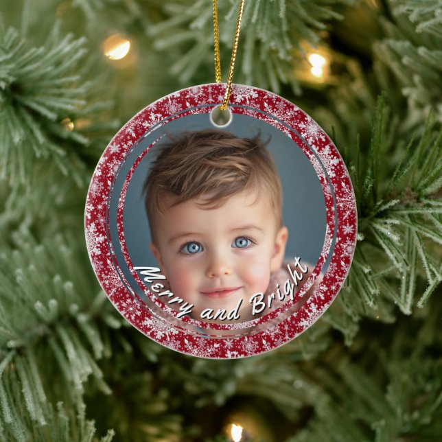 Ornamento De Cerâmica Foto Personalizada de feliz e Flocos de Neve Brilh (Árvore)