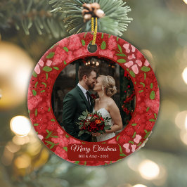 Ornamento De Cerâmica Foto Personalizada de Férias Floral Vermelha