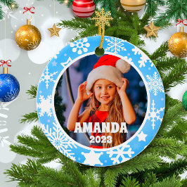 Ornamento De Cerâmica Foto Personalizada de Flocos de Neve de Natal Azul