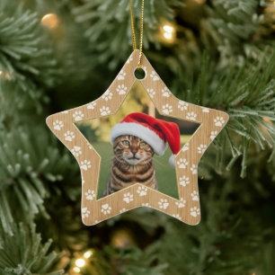 Ornamento De Cerâmica Foto Personalizada de Gato com Estrelas e Pegadas