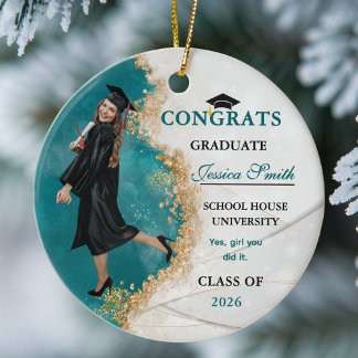 Ornamento De Cerâmica Foto Personalizada de Graduada Elegante em Azul Tu