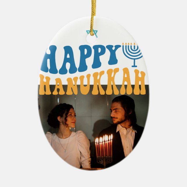 Ornamento De Cerâmica Foto personalizada de Hanukkah feliz retrô (Frente)