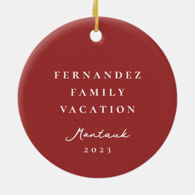 Ornamento De Cerâmica Foto personalizada de Herringbone vermelho clássic (Traseira)