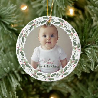 Ornamento De Cerâmica Foto personalizada de Natal do bebê - Retro Garlan